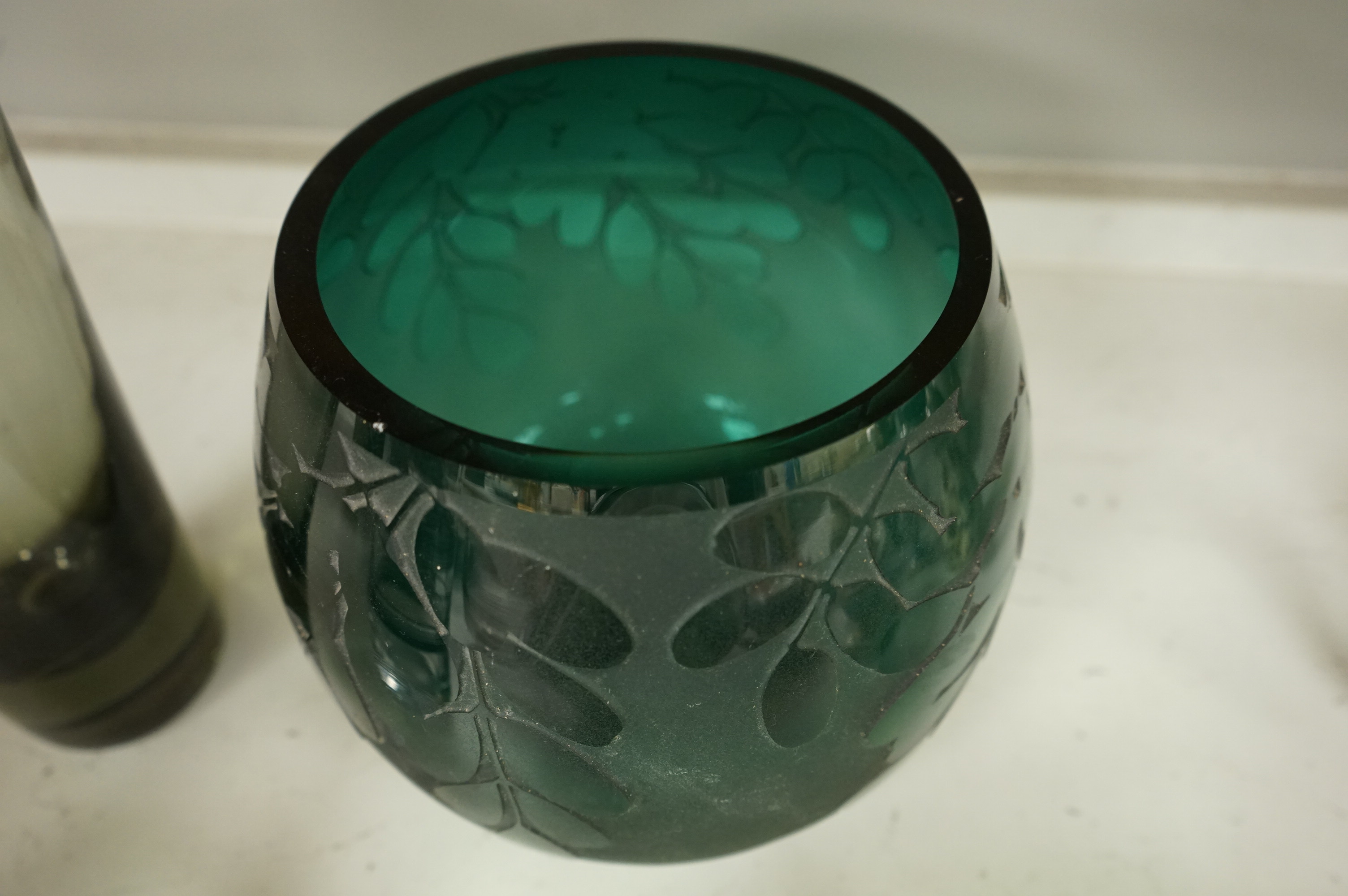 Bertil Vallien for Kosta Boda, an art glass bowl and vase, Holmegaard smoke-glass vase, Ken Benson vase and two other items, largest 31cm wide